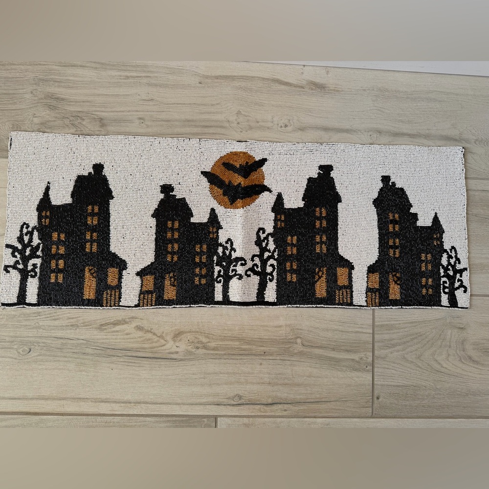 Spooky Village Halloween Beaded Table Runner - Black and Orange